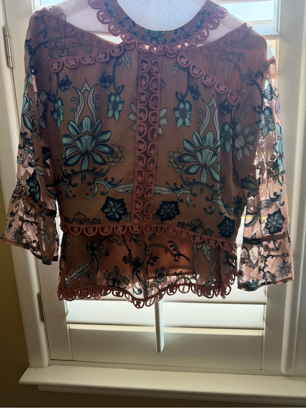 For Love & Lemons Pink Sheer Embroidered Floral Blouse with Blue Accents